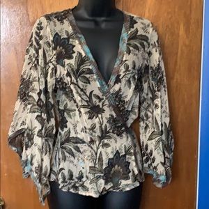 Beige with teal and brown flowers sheer top